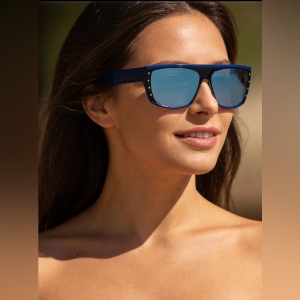 JIMMY CHOO CASUAL , BUT YET FASHIONABLE BLUE SHIELD STUDDED STYLE SUNGLASSES